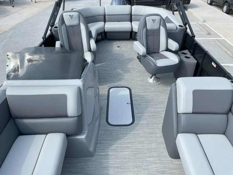Slide: The Image of 2024 Viaggio V22U boat interior with gray seating and modern design. - 11