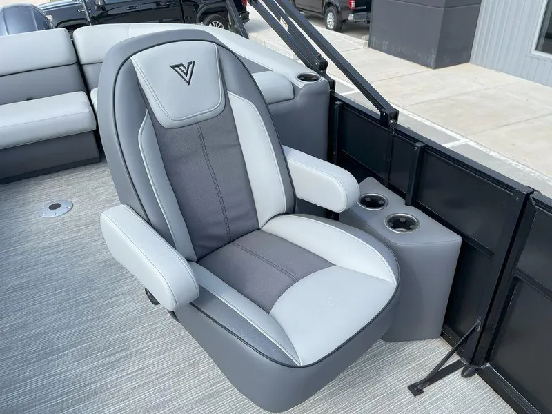 Slide: The Image of 2024 Viaggio V22U boat seat with cup holders, featuring gray and white upholstery. - 12