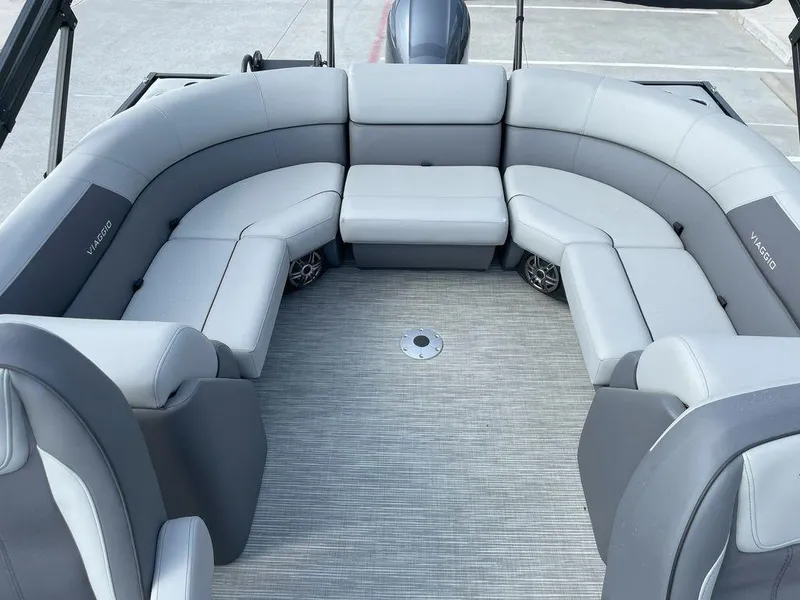 Slide: The Image of 2024 Viaggio V22U boat interior with gray seating and spacious layout. - 15