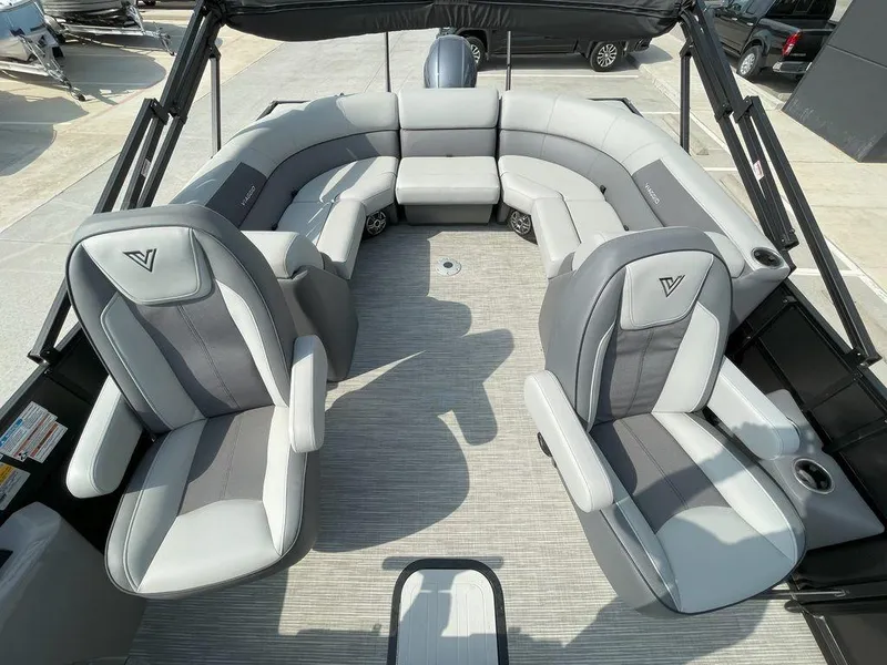 Slide: The Image of 2024 Viaggio V22U boat interior with luxurious gray seating and spacious layout. - 19