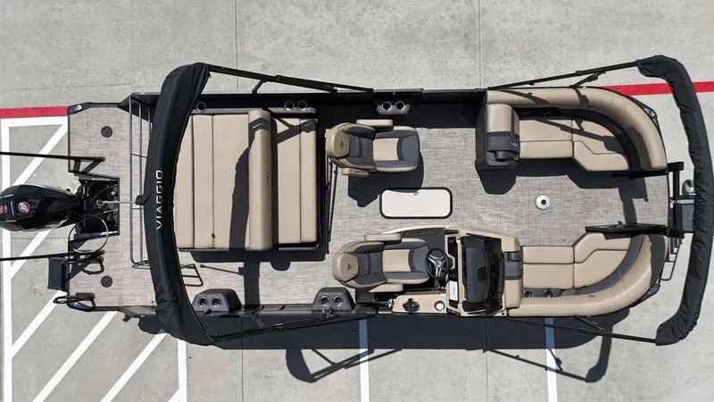 Slide: The Image of 2024 Viaggio Z22S pontoon boat, aerial view, beige seating, modern design. - 19