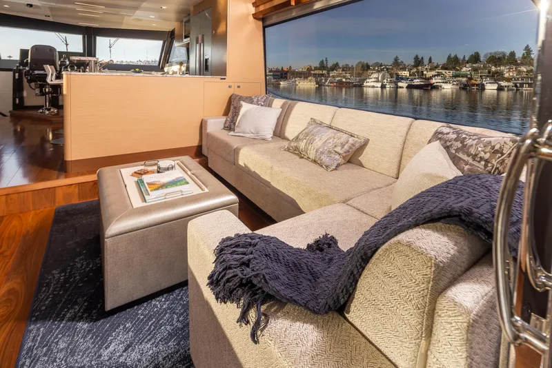 Slide: The Image of Luxurious interior of 2020 Ocean Alexander 70E Motoryacht with waterfront view. - 14