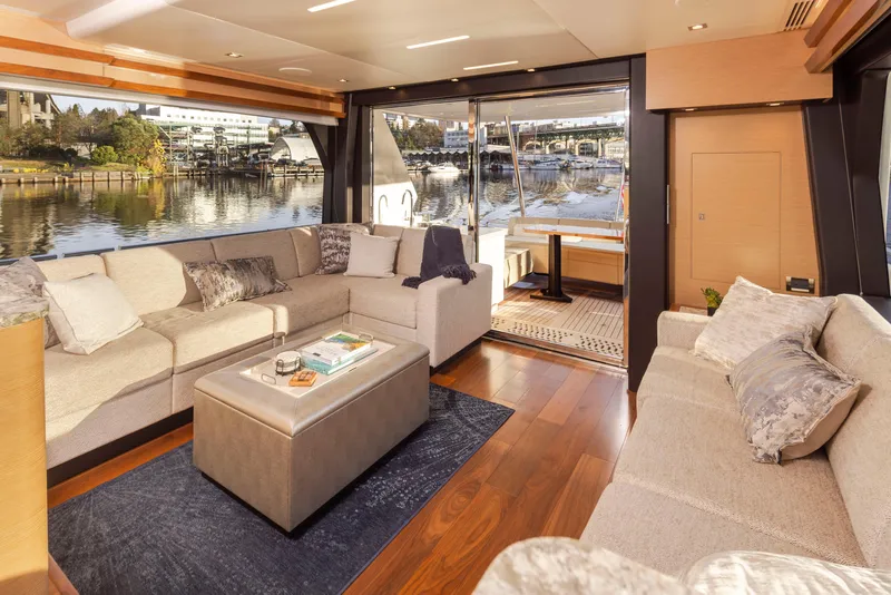 Slide: The Image of Luxurious interior of 2020 Ocean Alexander 70E Motoryacht with waterfront view. - 22