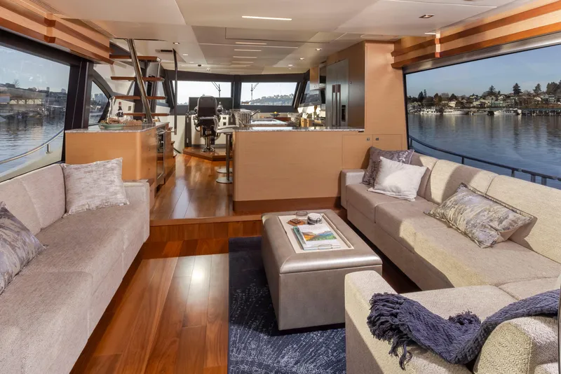 Slide: The Image of Luxurious interior of 2020 Ocean Alexander 70E Motoryacht with elegant seating and scenic views. - 40