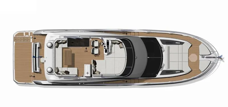 Slide: The Image of Top view of 2026 Prestige F5.7 yacht layout, featuring spacious deck and modern design. - 33