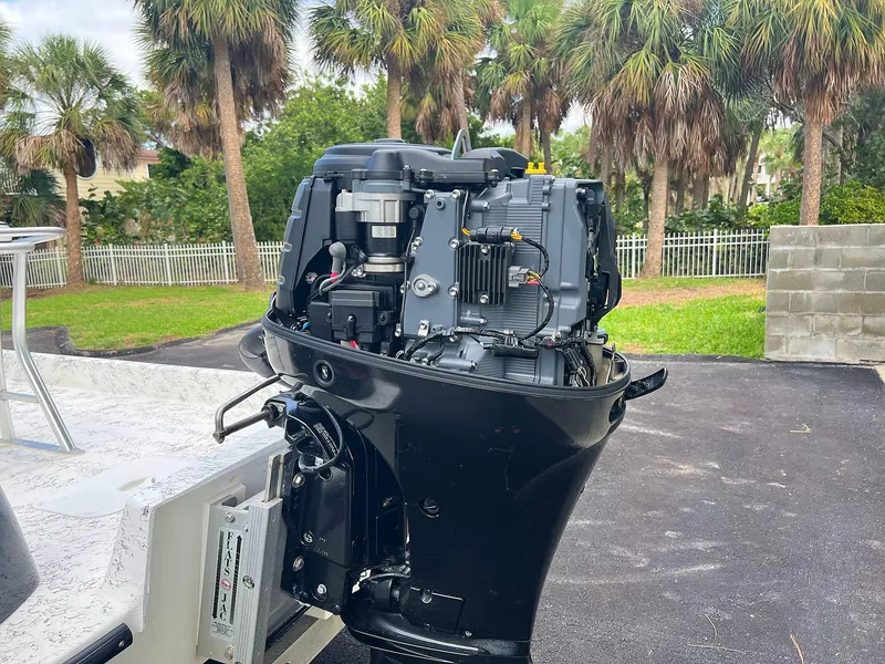 Slide: The Image of 2013 Dream Boats C-18 outboard motor, open cover, parked near palm trees. - 26