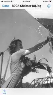 Slide: The Image of Woman christening 1949 Burger Full Keel Steel Auxiliary Ketch with champagne bottle. - 37