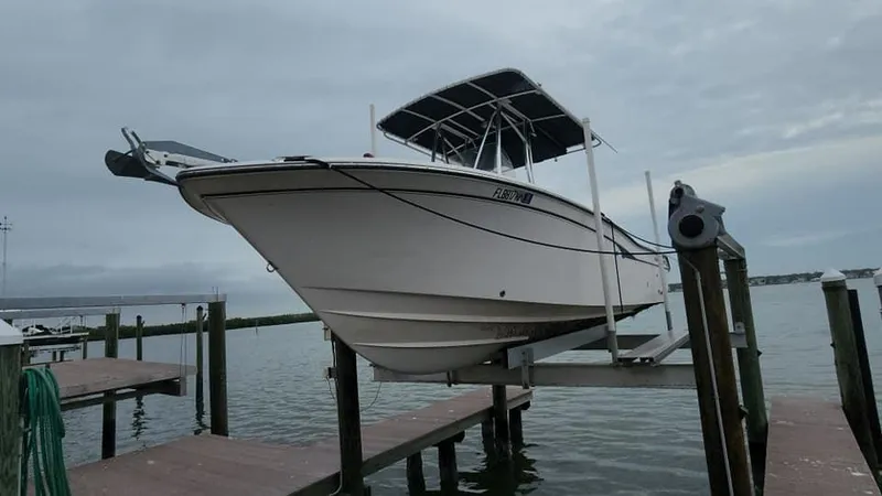 Slide: The Image of 2008 Grady-White Advance 257 boat on lift at dock, overcast sky. - 0
