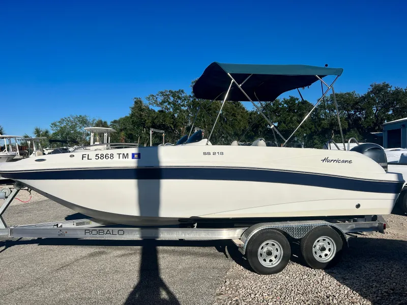 Slide: The Image of 2023 Hurricane 218 SS boat on trailer under clear blue sky. - 4