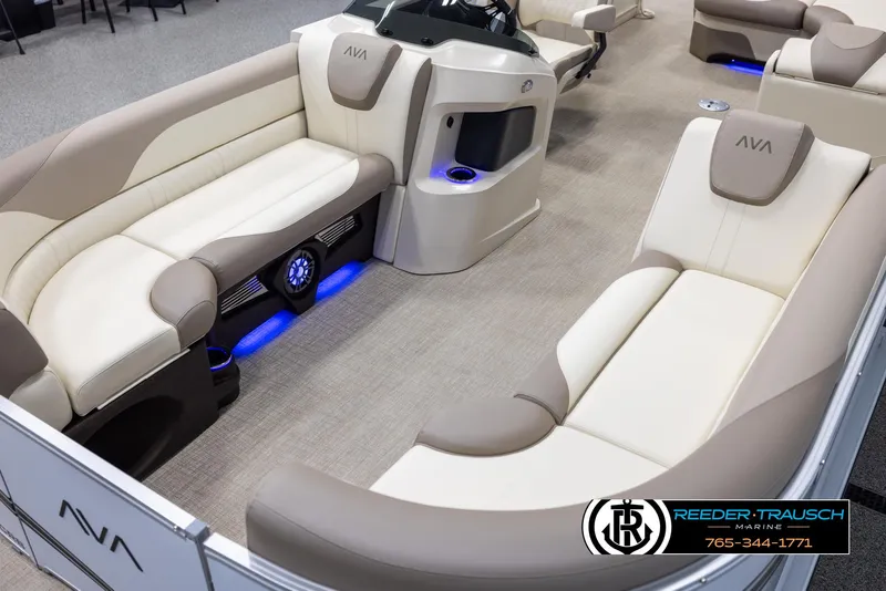 Slide: The Image of Luxurious interior of 2025 Avalon LSZ CRB pontoon boat with plush seating and ambient lighting. - 10