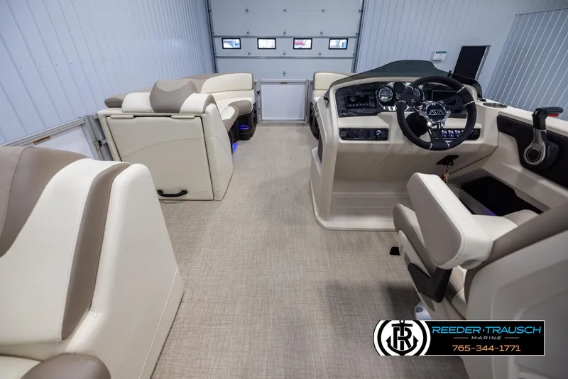 Slide: The Image of Interior of 2025 Avalon LSZ CRB pontoon boat with modern helm and seating. - 17