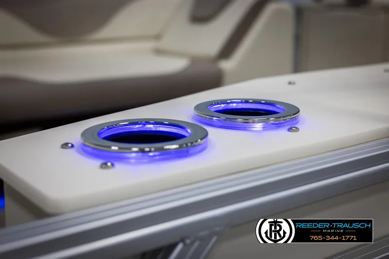 Slide: The Image of Illuminated cup holders on 2025 Avalon LSZ CRB boat interior. - 46
