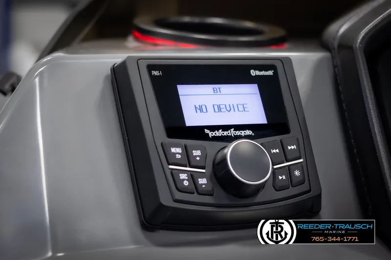 Slide: The Image of Rockford Fosgate audio system in 2025 Bennington 21 SSRSE boat dashboard. - 26