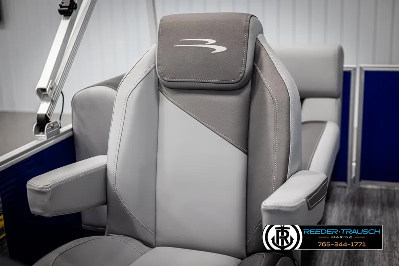 Slide: The Image of 2025 Bennington 21 SSRSE boat seat, gray upholstery, Reeder-Trausch Marine logo visible. - 30