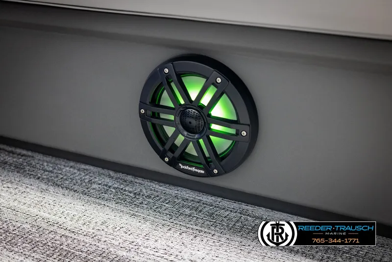 Slide: The Image of Bennington 21 SSRSE 2025 boat speaker with green LED lighting. - 37