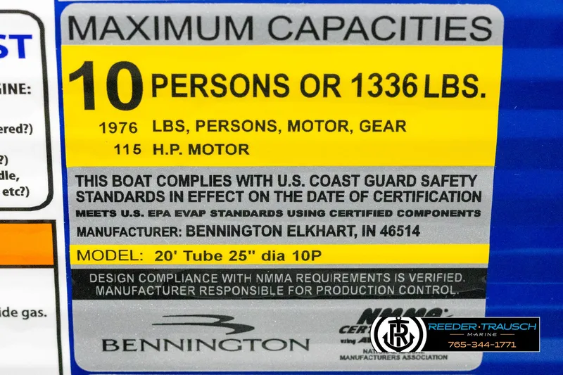 Slide: The Image of Bennington 21 SSRSE 2025 boat capacity label, 10 persons or 1336 lbs, 115 HP motor. - 44