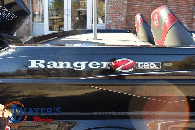 Slide: The Image of 2021 Ranger Z520L boat with logo, black exterior, and red-accented seats. - 4