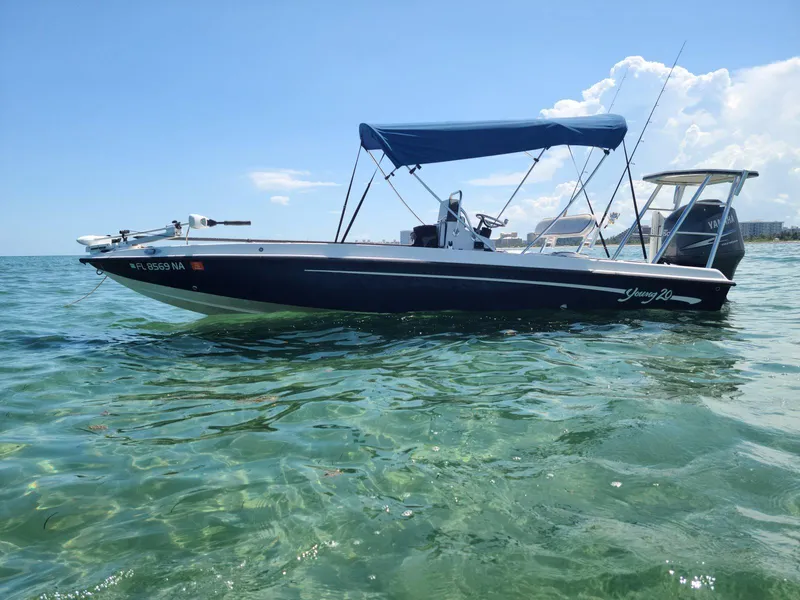 The Image of 2005 Young Boats Young 20 on clear water with blue canopy and fishing rods. - 0