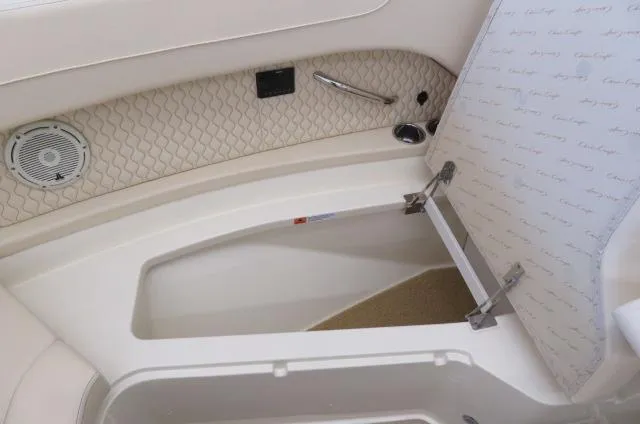 Slide: The Image of 2024 Chris-Craft Calypso 32 boat storage compartment with speaker and handle. - 43