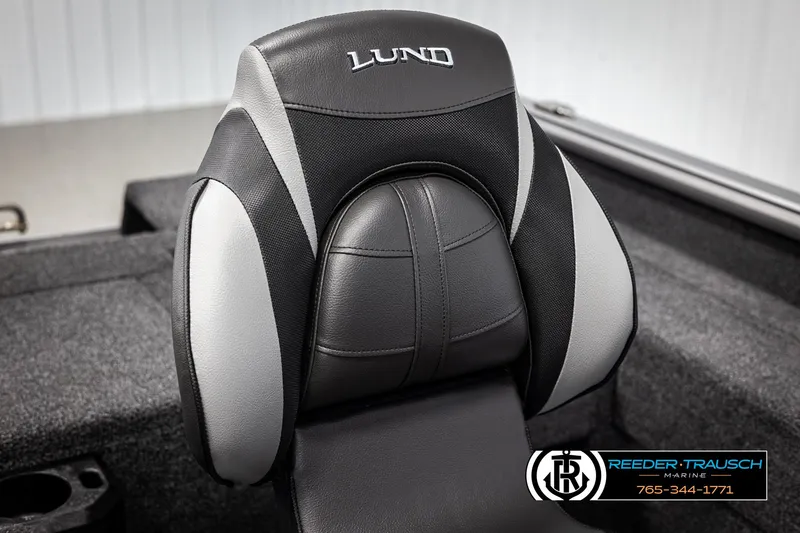 Slide: The Image of 2025 Lund 1875 Impact XS boat seat, black and gray design, Reeder-Trausch Marine logo. - 32