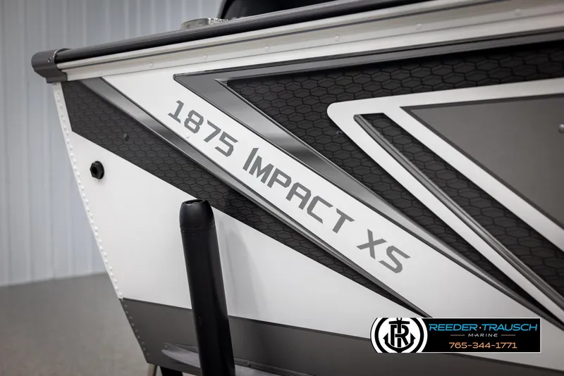 Slide: The Image of 2025 Lund 1875 Impact XS boat side view with branding and logo. - 44
