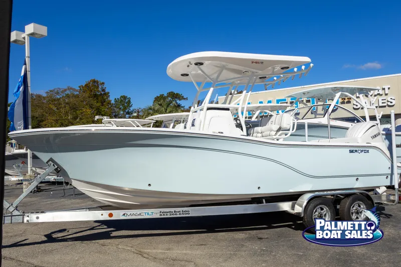 Slide: The Image of 2025 Sea Fox 248 Side Console boat on trailer at Palmetto Boat Sales. - 0