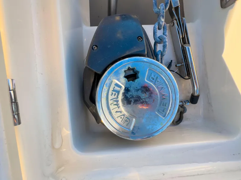 Slide: The Image of Lewmar windlass on 2005 Mainship 34 Trawler, with anchor chain visible. - 35