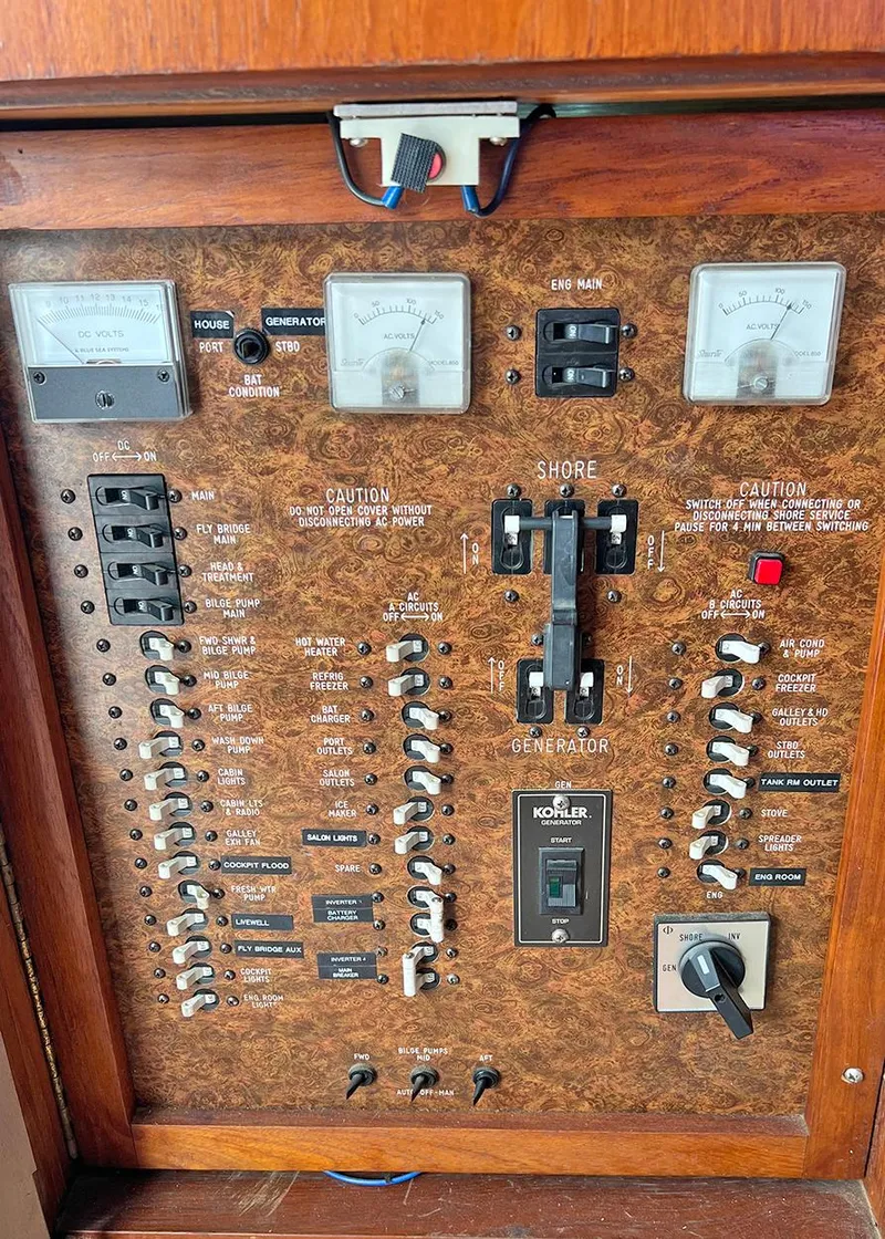 Slide: The Image of Electrical panel of a 1988 Ocean Yachts 38 Super Sport boat. - 27