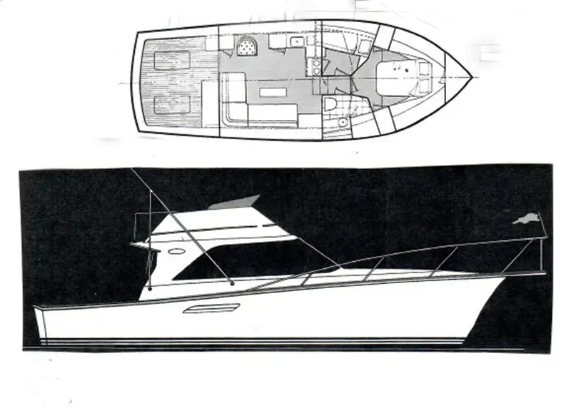 Slide: The Image of Blueprint of 1988 Ocean Yachts 38 Super Sport, showcasing side and top views. - 30