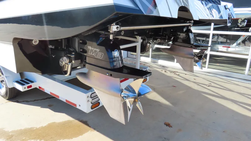 Slide: The Image of 2020 MTI 48 boat with dual propellers on a trailer. - 8
