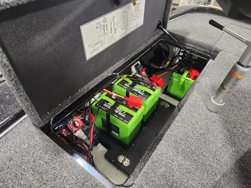 Slide: The Image of 2025 Nitro Z20 XL Pro boat battery compartment with green batteries and wiring. - 36