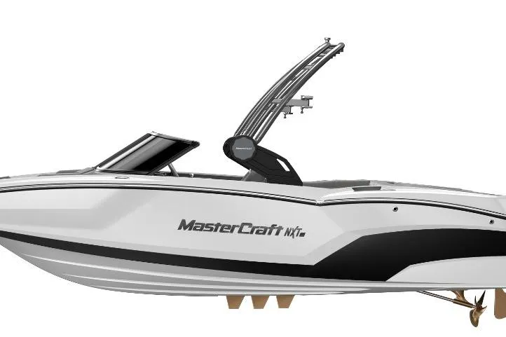 Slide: The Image of 2024 MasterCraft NXT20 boat, sleek design, white and black color scheme, side view. - 9