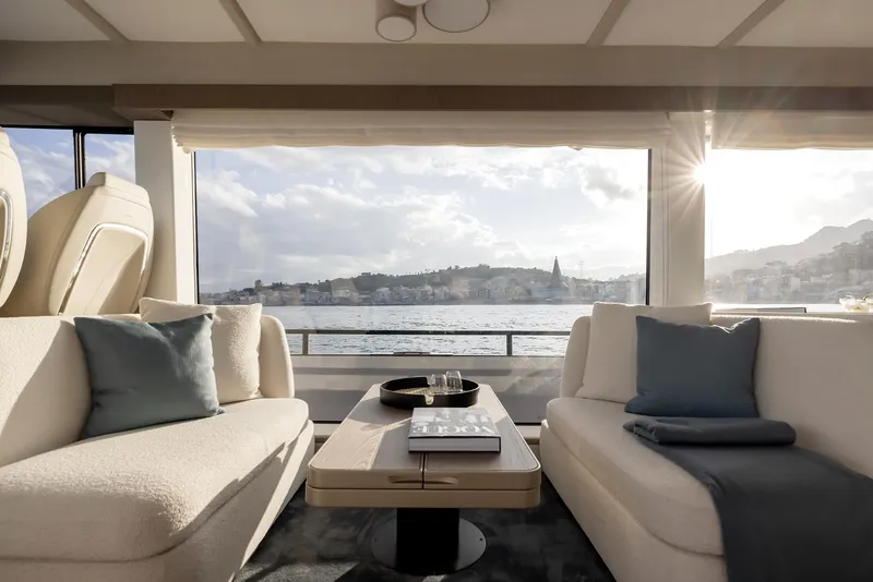 Slide: The Image of Luxurious interior of 2025 Azimut Magellano 60 yacht with scenic ocean view. - 16