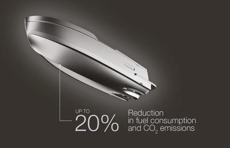 Slide: The Image of Azimut Magellano 60 yacht, 2025 model, showcasing 20% fuel and CO2 reduction. - 57