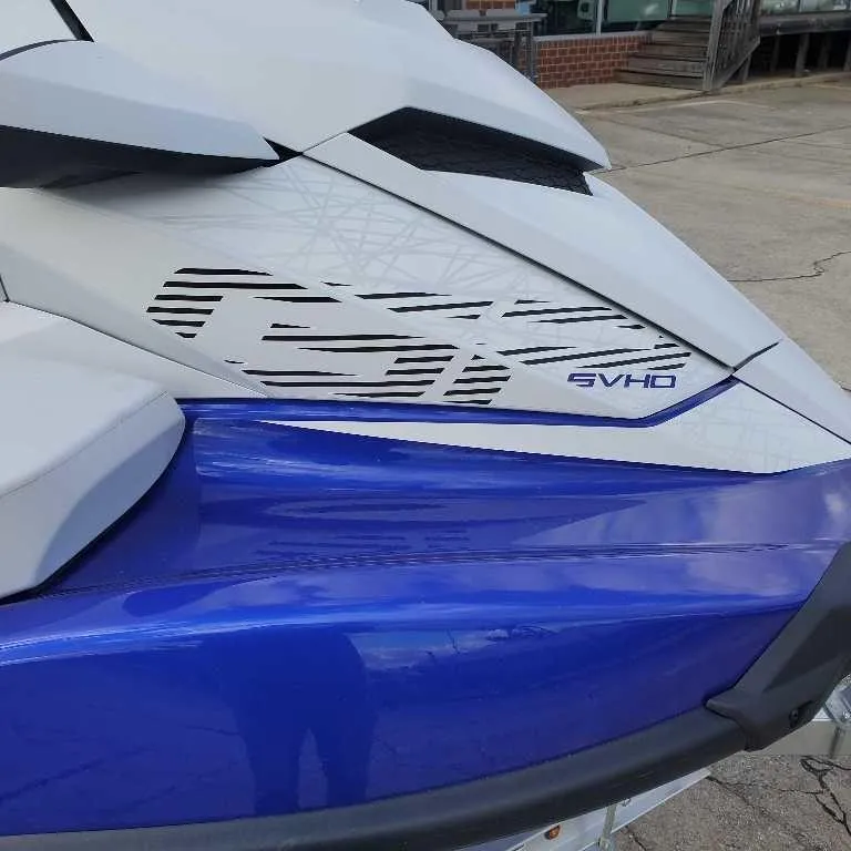 Slide: The Image of 2025 Yamaha WaveRunner GP SVHO with Audio, sleek white and blue design. - 6