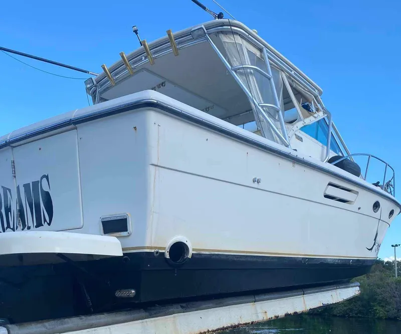 Slide: The Image of 1995 Tiara Yachts 3100 Open boat on a lift, side view. - 10