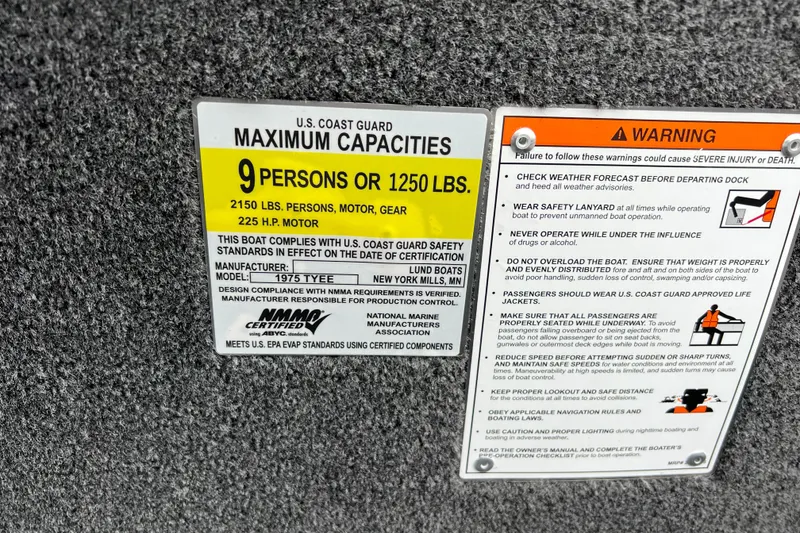 Slide: The Image of Capacity and warning labels on a 2025 Lund 1975 Tyee boat. - 39