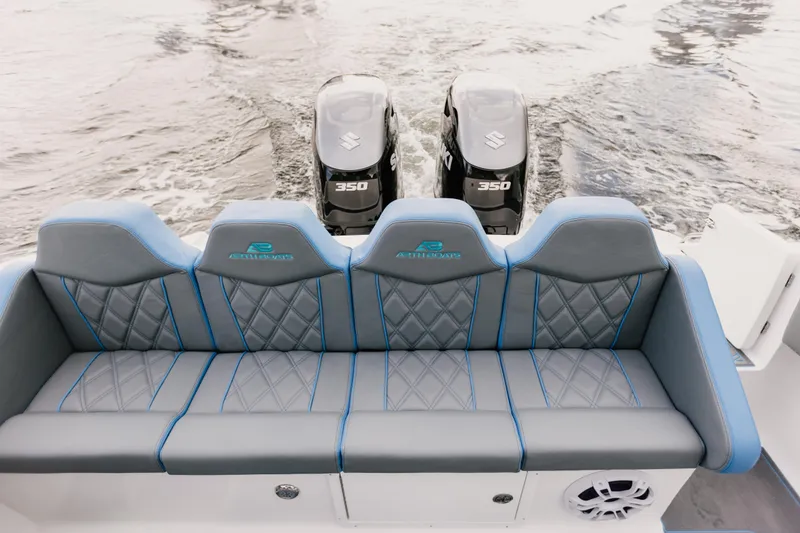 Slide: The Image of Luxury boat seating with dual Suzuki 350 engines, AMP 333 model, 2021. - 12