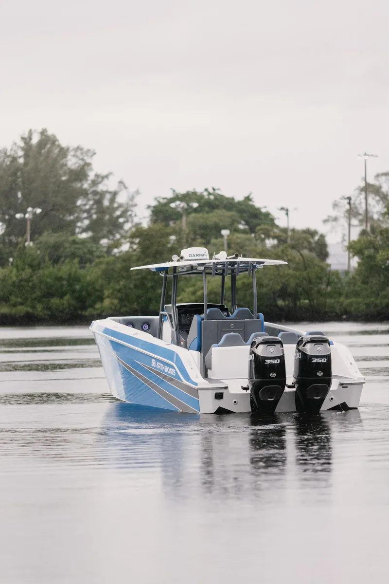 Slide: The Image of Blue and white AMP 333 boat with dual engines on a calm lake, 2021 model. - 17