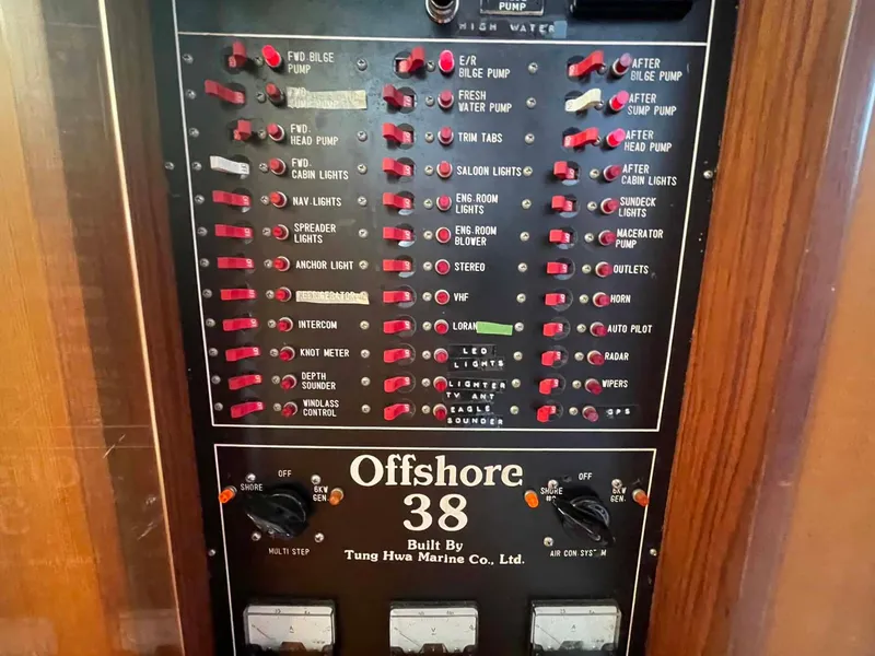 Slide: The Image of Control panel of a 1987 Hartman-Palmer Offshore 38 boat with various switches and indicators. - 35