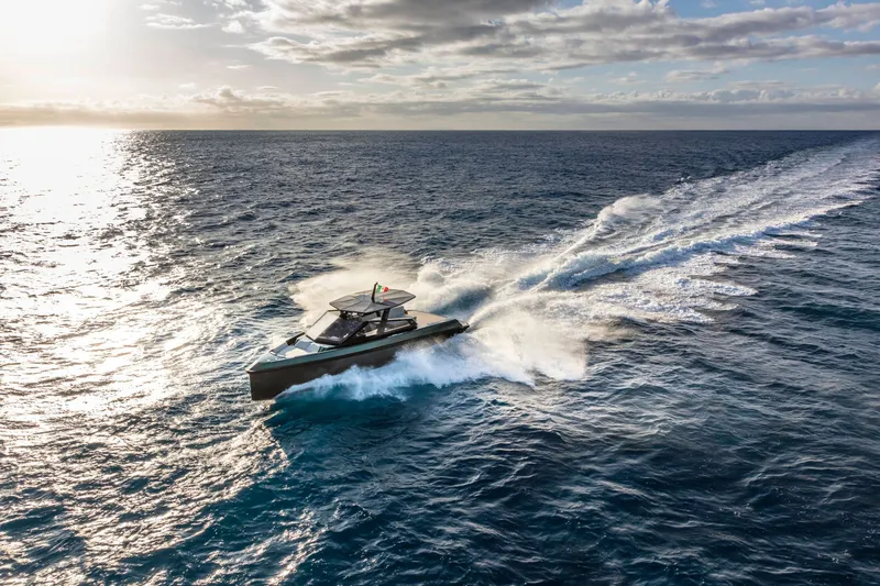 Slide: The Image of Wally wallytender43 2026 cruising on open sea at sunset. - 39