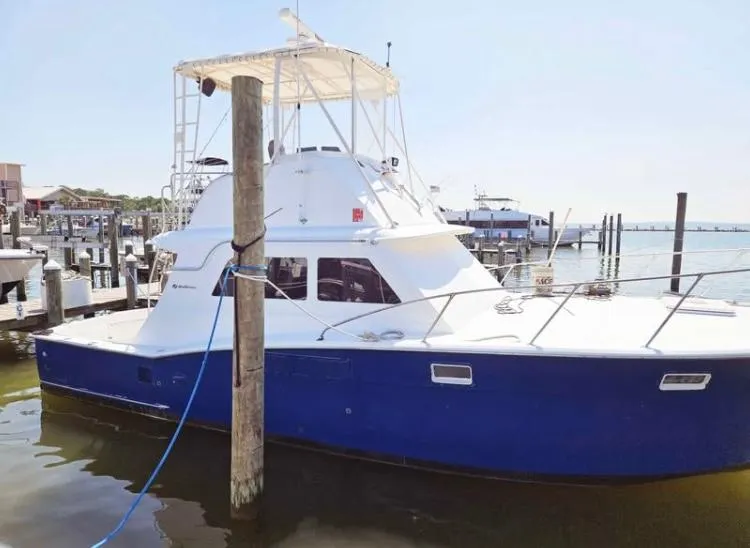 The Image of 1975 Hatteras 36 Convertible boat docked at marina, blue hull, white cabin. - 1