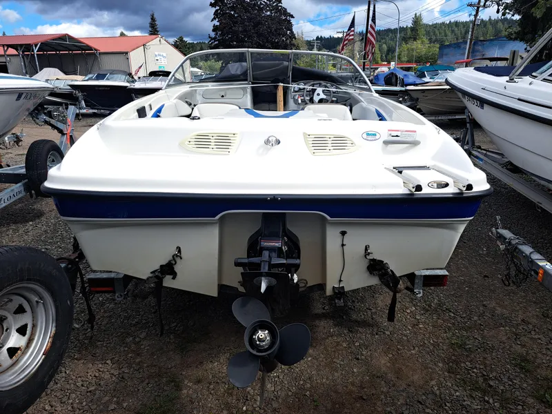 Slide: The Image of 2007 Bayliner 185 Bowrider boat on trailer, rear view, in outdoor lot. - 1