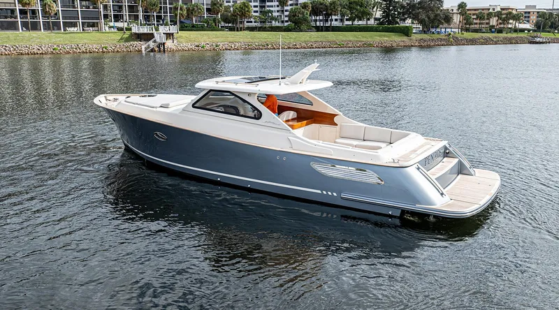 Slide: The Image of 2020 Gagliotta Lobster 35 yacht on calm water, sleek design, luxury leisure boat. - 24