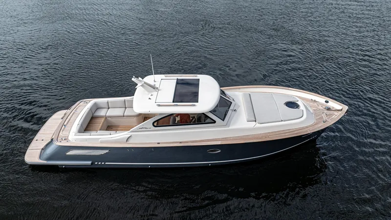 Slide: The Image of 2020 Gagliotta Lobster 35 yacht on calm water, aerial view. - 30