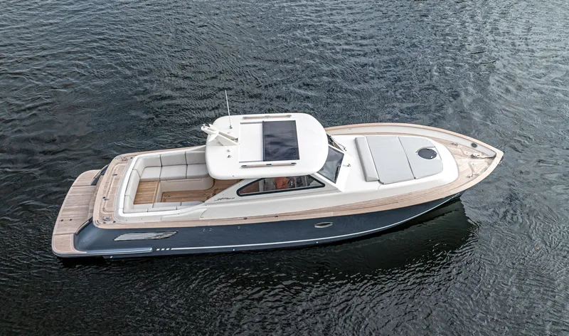 Slide: The Image of 2020 Gagliotta Lobster 35 yacht on calm water, aerial view. - 33