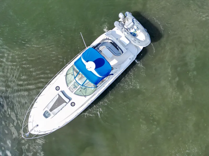 Slide: The Image of Aerial view of 2005 Sea Ray 340 Sundancer yacht on calm water. - 35