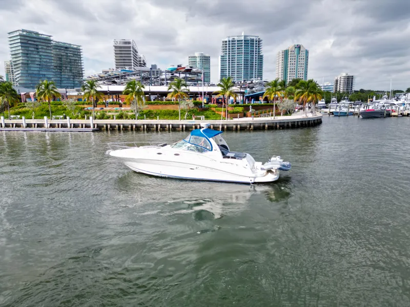 Slide: The Image of 2005 Sea Ray 340 Sundancer cruising near urban waterfront with palm trees and modern buildings. - 43