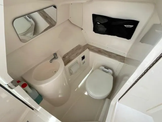 Slide: The Image of 2018 Pursuit 265 DC boat bathroom with sink, toilet, and mirror. - 22