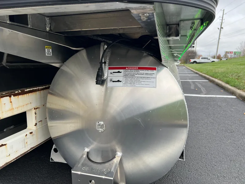 Slide: The Image of 2025 South Bay 523 RS3 3.0+ pontoon boat underside with metal components. - 6